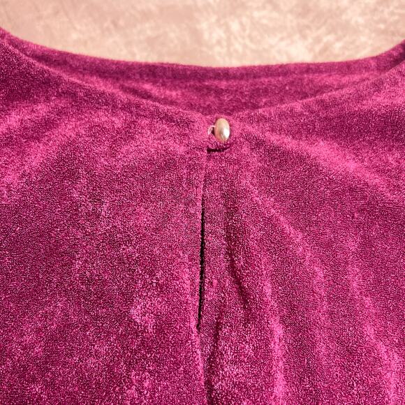Vintage 70s Union Made Magenta Terry Cloth Shirt Waist Dress Side Button Midi - Picture 10 of 12